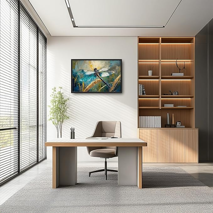 Olivine Dragonfly Wall Art, Vintage Dragonfly Pictures Wall Decor, Nature Painting, Insect Canvas Prints, Framed Artwork for Bathroom Bedroom Living Room Office Home Decoration 36"x24"