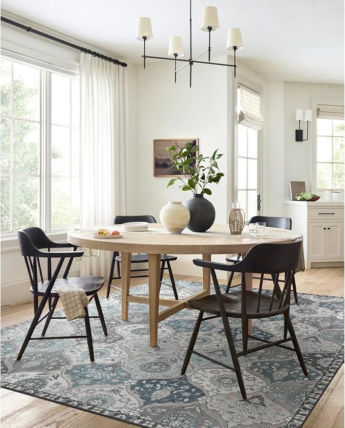 Lahome Moroccan Washable Area Rug 6x9, Ultra-Thin Large Living Room Rugs for Bedroom, Oriental Trellis Distressed Non Shedding Throw Carpet for Dining Room Office, Blue