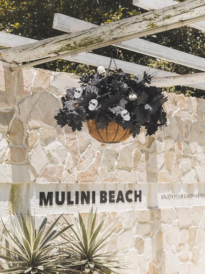 18pcs Fake Plants Outdoor, Halloween Maple Pumpkin Branch, Autumn Artificial White Pumpkins Stem with Black Maple Leaves, Faux Maple Leaves Spray for Halloween Thanksgiving Home Deocr(Black)