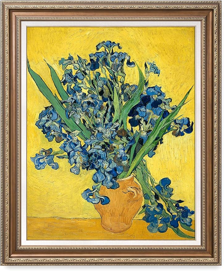 DECORARTS - Irises Vase Flower, Vincent Van Gogh Art Reproduction. Acid Free Cotton Canvas Giclee Print w/Bronze Frame&Mat for Wall Decor.