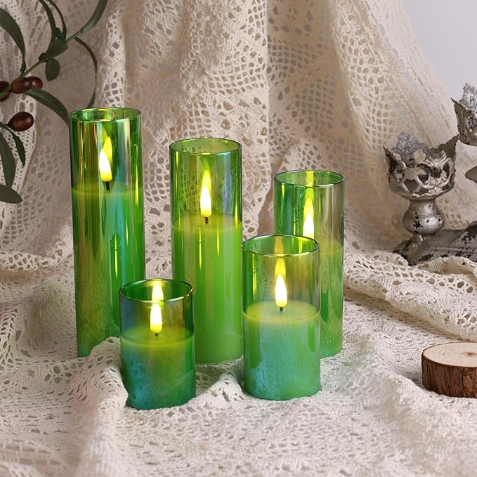 Eywamage Green Glass Flameless Candles with Remote Batteries, Flickering Slim Tall LED Pillar Votive Candles Set of 5