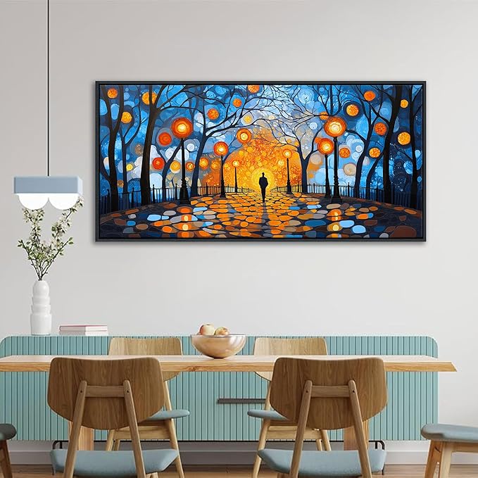 QZQCBLC Blue Wall Art Bedroom, Abstract Night Scene Street Lights Large Wall Pictures Orange Halo Trees Landscape Framed Canvas Paintings Artwork for Living room kitchen Home Office Decor 24x48 IN