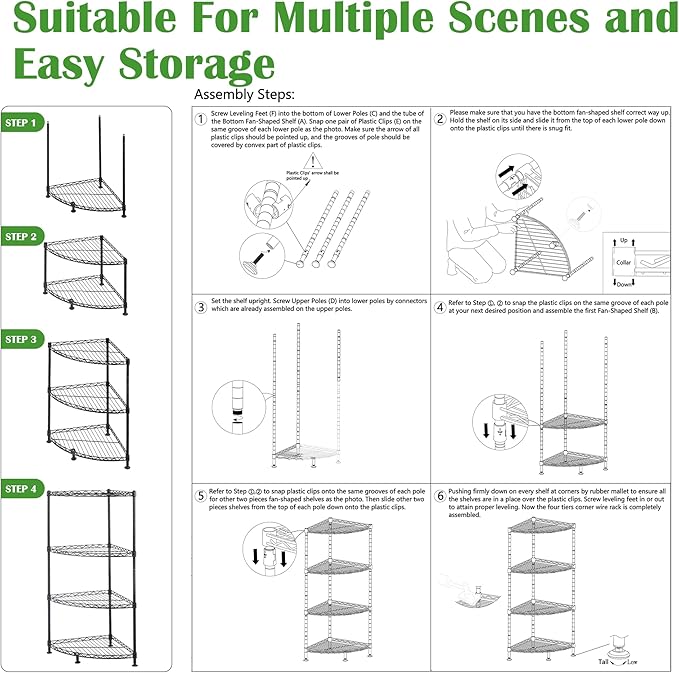 4-Shelf Carbon Steel Corner Storage Shelves with Adjustable Sturdy Wire Shelving Unit, Bookshelf Display Racks Organizer for Bedroom Living Room Kitchen Garage Pantry Closet (Max Load 120kg/265lbs)