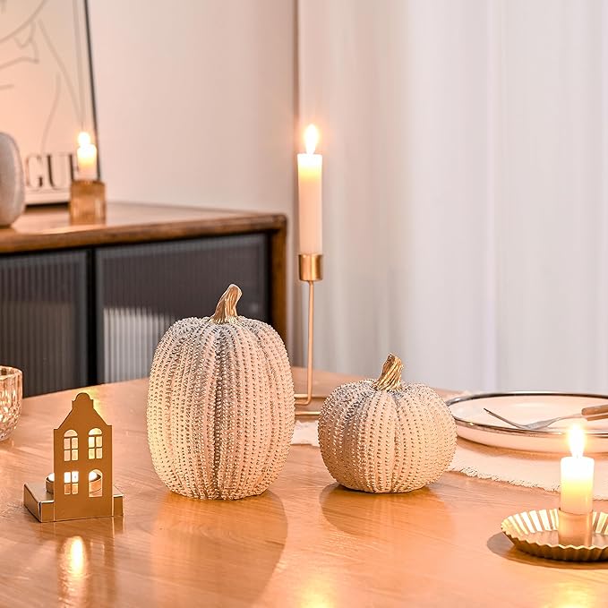 Fall Pumpkin Decor, Resin Pumpkin Figurine Set of 2, Decorative Fake Pumpkin for Decorating, Light Gray and Gold Glitter Pumpkins with Dots for Home Table Centerpiece, Wedding, Thanksgiving