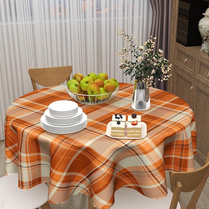 Kawani Fall Orange Tablecloth Round 60” Autumn Thanksgiving Buffalo Plaids Tablecloths Fall Checkered Decoration Round Table Cover Washable House Decor for Kitchen Dining Room Farmhouse Holiday