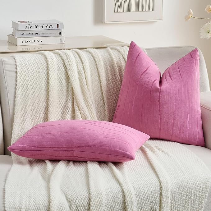 FUTEI Hot Pink Chenille Decorative Throw Pillow Covers 24x24 Inch Set of 2,Soft Embossed Striped Textured European Cushion Case,Modern Home Decor for Couch Bed Living Room