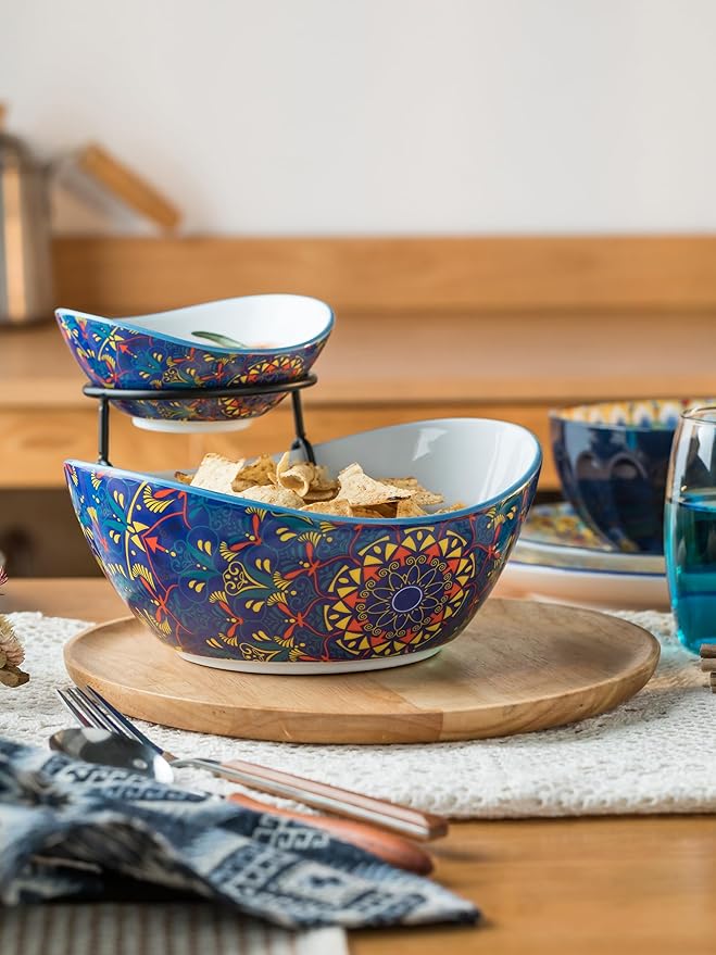 YHOSSEUN Chip and Dip Serving Set, Ceramic Chip Dip Bowls for Parties, 2 Tier Serving Stand Appetizer Serving Dishes for Entertaining Food Display Set