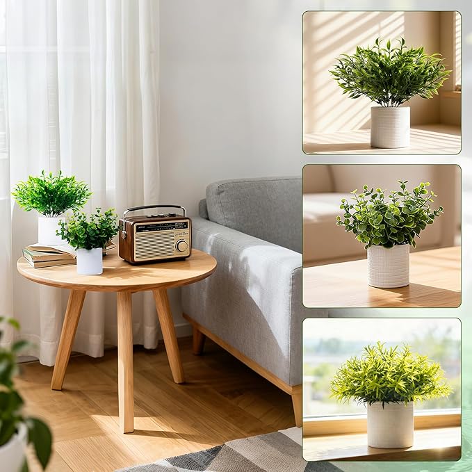 FGSAEOR Mini Potted Fake Plants, Small Artificial Greenery Realistic Plants Topiaries, Low Maintenance, for Home Office Shelf Desk Farmhouse Room Coffee Table Decor (3-Pack) (Green)