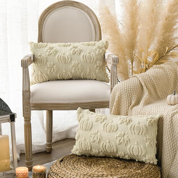 AVOIN colorlife Fall Pumpkin Maple Leaves Beige Throw Pillow Covers, 12 x 20 Inch Seasonal Autumn Thanksgiving Harvest Soft Plush Faux Fur Jacquard Cushion Case Decoration for Sofa Couch Set of 2