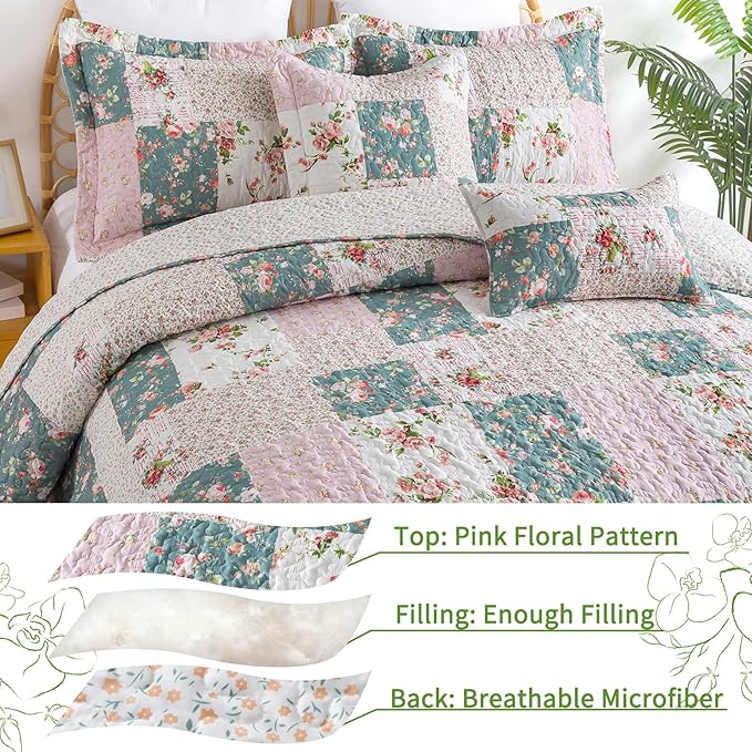 VAPUTAR Queen Size Quilt Set - Reversible Floral Queen Size Bedspreads with Wavy Edges - Lightweight Farmhouse Queen Quilt Bedding Sets for Bed Decorations, 3 Pieces