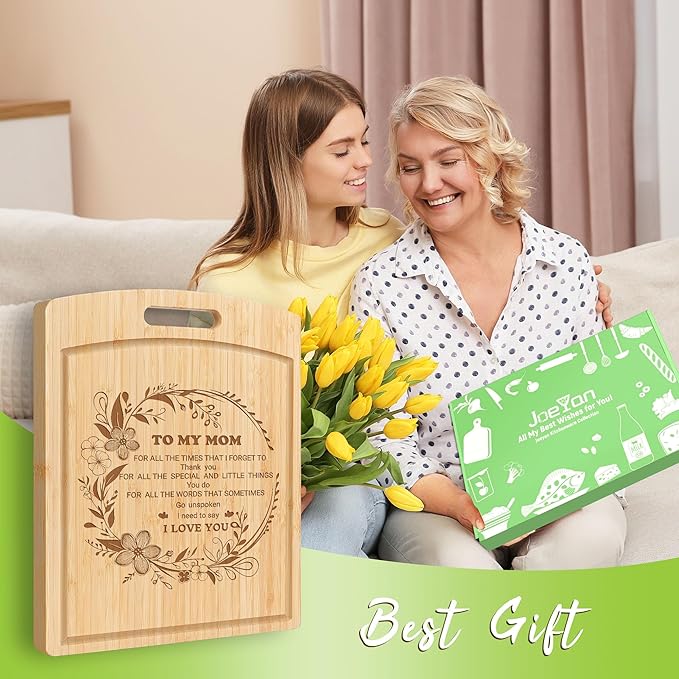 Joeyan Mom Birthday Gift from Daughter Son, Personalized Christmas Engraved Cutting Board Kitchen Present for Mother, Large Size, Heavy Duty, 16x12x0.8"