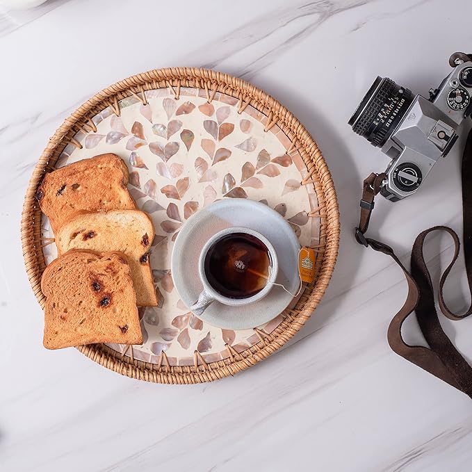 11.81" Round Rattan Mother Pearl Inlay Tray |Decorative Wooden Base for Fruit Serving, Coffee Table, Storage and Display Organizer (Brown Heart)