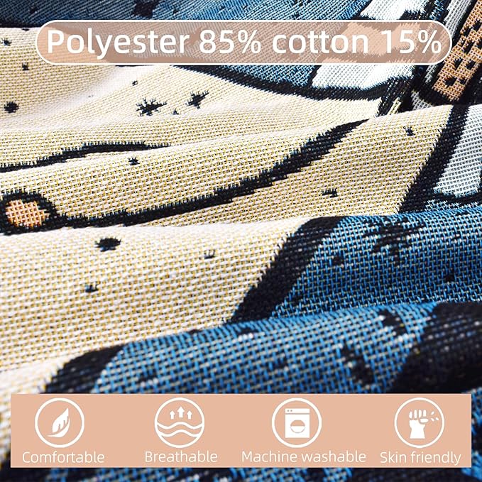 Boho Throw Blanket Reversible Cotton Bohemian Tapestry Hippie Room Decor Outdoor Blanket Double Sided (Month Moth White, 50"x60")