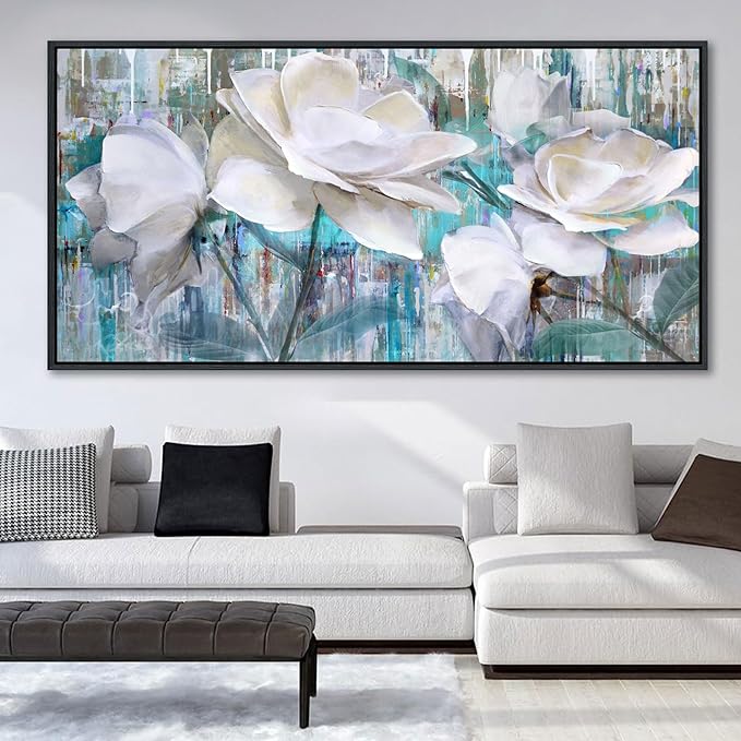 Large Flower Pictures Wall Art White Floral Modern Painting Wall Decor for Living Room Framed Artwork for Walls Bedroom Wall Decor Above Bed 24×48IN