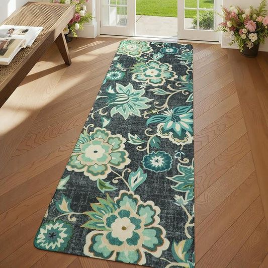 Lahome Floral Runners for Hallways - 2x6 Kitchen Runner Rugs Non Skid Washable Non-Slip Laundry Room Rug Throw Low-Plie Entryway Rug Blue Paisley Print Carpet Runner for Bedroom Bathroom Living Room