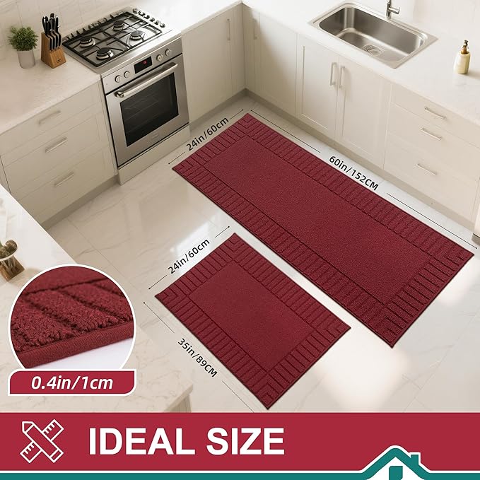 BEQHAUSE-Non-Slip-Kitchen-Mats-for-Floor [2PCS],Kitchen Mats,Machine Washable Burgundy Red Kitchen Rugs,Polypropylene Kitchen Floor Mat with TPR Backing 24x35inch/24x60inch