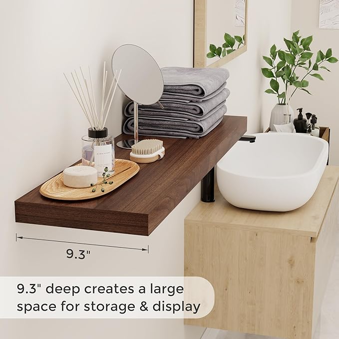 Fun Memories 36x9.3 Floating Shelves for Wall, Wood Floating Shelf 36 Inch Long, Large Deep Wall Shelves for Home Decor & Storage, Rustic Deep Shelf for Living Room, Bedroom, Kitchen, Walnut Color