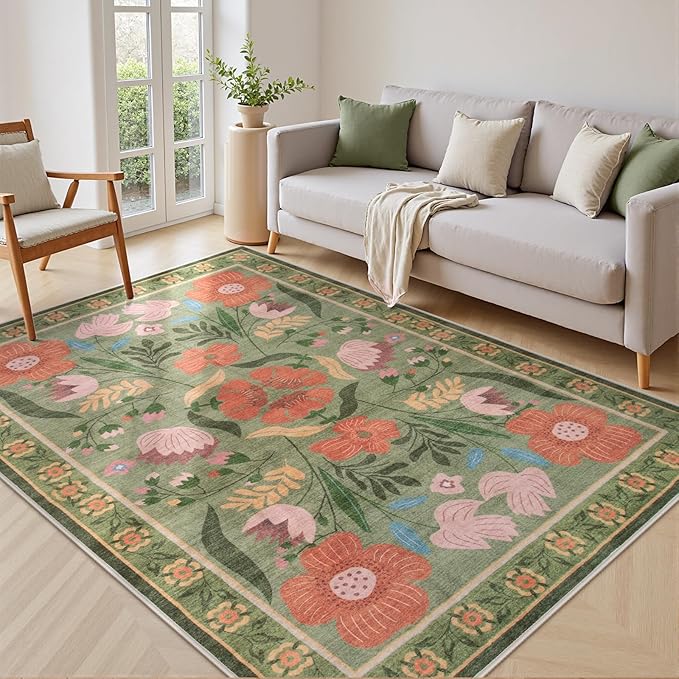 Beeiva Green 5x7 Area Rugs, Floral Machine Washable Living Room Area Rugs Non Slip Non-Shedding, Flower Ultra Thin Carpet for Living Room Dorm Playroom Décor (Green,5'x7')