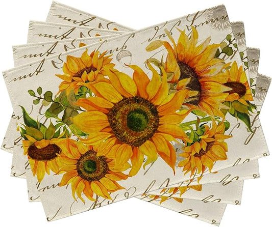 Seliem Fall Sunflower Placemats Set of 4, Spring Summer Yellow Floral Flowers Rustic Vintage Dining Table Place Mats, Eucalyptus Leaves Seasonal Kitchen Decor Home Decoration 12 x 18 Inch