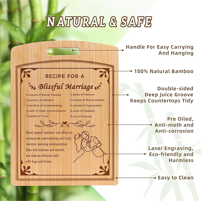 Joeyan Cutting Boards Wood Engraved Marriage Recipe Present for Wedding Engagement New Couples 2025 Bride Groom Bridal Shower Registry Anniversary Newlyweds Mr Mrs with Gift Box Double Side Grooves