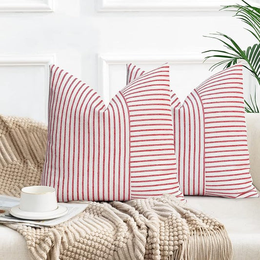 Christmas Pillow Covers 24x24, Modern Accent Square Throw Pillow Covers Set of 2, Red and Beige Striped Patchwork Linen Decorative Pillows Cushion Covers for Couch Chair Bedroom Christmas Decorations