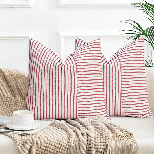YCOLL Christmas Pillow Covers 18x18, Boho Throw Pillow Covers Set of 2, Red and Cream Striped Linen Decorative Pillows Cushion Covers for Couch Bedroom Christmas Decorations