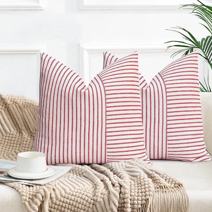 YCOLL Christmas Pillow Covers 20x20, Boho Throw Pillow Covers Set of 2, Red and Cream Striped Linen Decorative Pillows Cushion Covers for Couch Bedroom Christmas Decorations