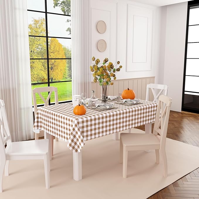 misaya Rectangle Waterproof Vinyl Table Cloth, Buffalo Flannel Backed Tablecloth, Wipeable Plastic Table Cover for Fall, Thanksgiving (60" x 144", Brown and White)