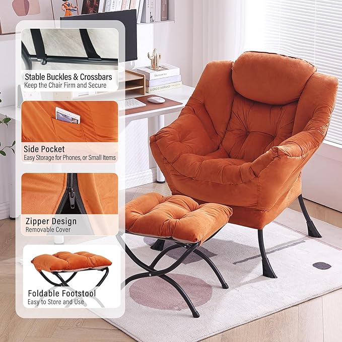 Lazy Chair with Ottoman, Modern Chair with Folding Footrest, Lounge Accent Chair, Comfortable Reading Chair, Oversized Armchairs for Bedroom, Study, Living Room, Courtyard (Velvet Orange)
