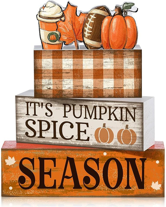 4 Pcs Fall Football Decorations for Home Fall Table Decor Thanksgiving Tiered Tray Decor Decorative Football Maple Leaves Pumpkins Block Signs Farmhouse Autumn Centerpiece for Home Kitchen