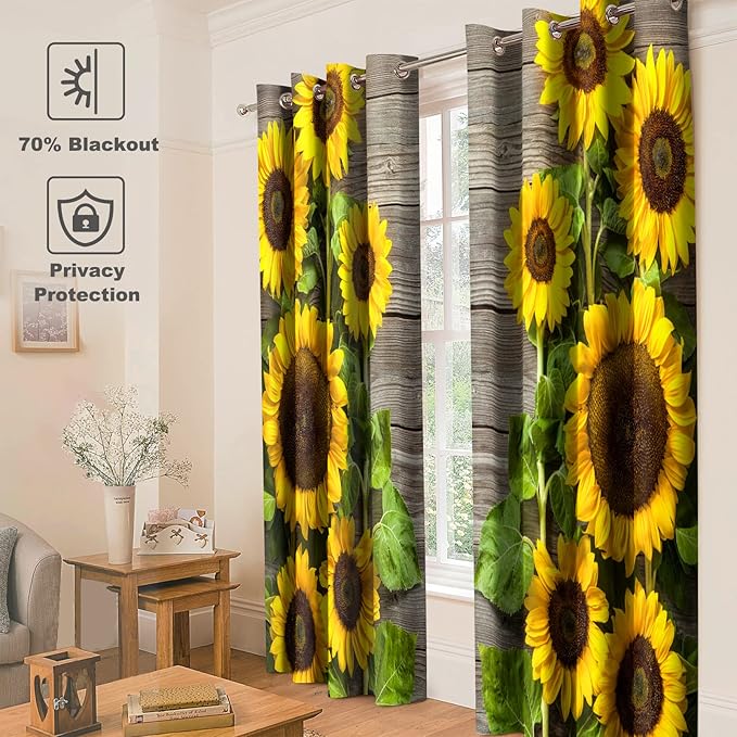 Jekeno Sunflower Floral Blackout Curtains Spring Flower on Rustic Wood Country Wooden Decor for Home Bedroom Living Room Darkening Grommet Window Drapes 2 Panel Set, 52"x84"