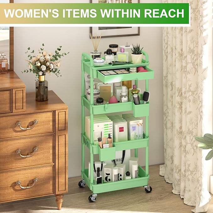 Goovilla 4 Tier Rolling Utility Cart Organizer with Removable Drawer, Stable and Sturdy Green Rolling Storage Carts with 2 Lockable Wheels for Bathroom, Kitchen, Snack, Craft, Makeup, Baby Essentials