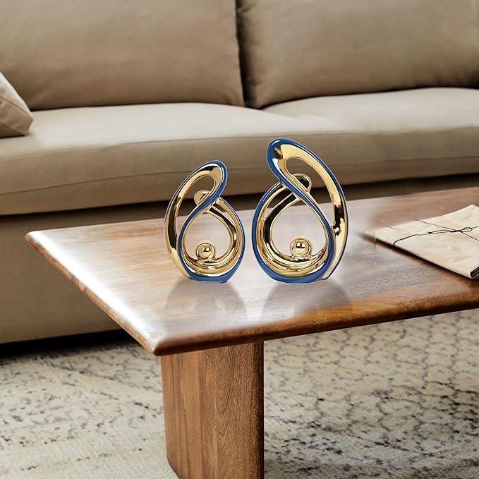 2 Pcs Navy Blue Decor Centerpiece Table Decorations Blue and Gold Ceramic Decor Statue Mid Century Modern Decor Centerpieces for Dining Room Living Room Kitchen Shelf Office Coffee Table Decor