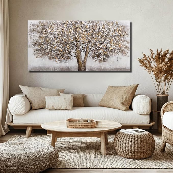 CHUDANHAO Grey Art Posters Big Tree Wall Decor Pictures for Office Gold and White Wall Art Botanical Painting for Living Room Kitchen 24x48 Inch