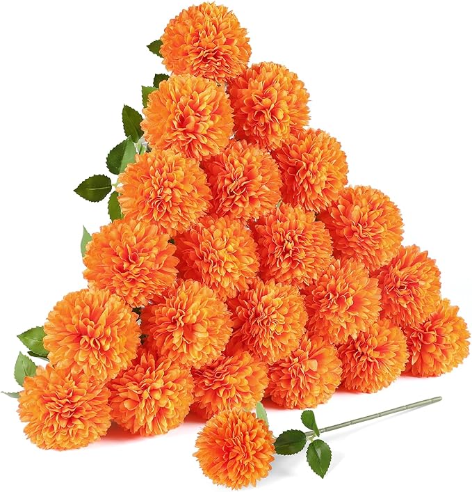Floweroyal 24pcs Fall Flowers Artificial Chrysanthemum Ball Flower, Fake Mums Silk Hydrangea Flowers Bridal Wedding Bouquet for Home Garden Party Office Autumn Decor