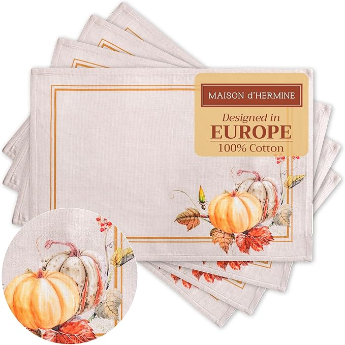 Maison d' Hermine Placemats Set of 4 100% Cotton Washable Cloth Place Mats, Reusable Table Mats for Kitchen Dining Decoration, Party, Wedding, Restaurant (Potiron, 13" x 19")