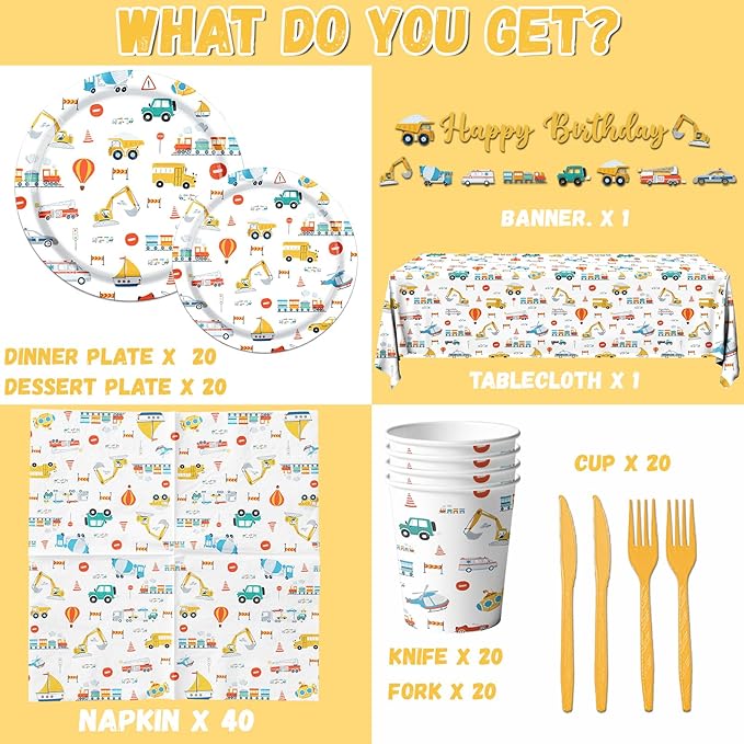 Transportation Birthday Party Supplies,142Pcs Transportation Paper Plates and Napkins Set for Table Decorations Truck Theme Party Decorations for Boy Birthday,Baby Shower Party