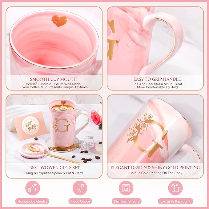 Birthday Gifts for Women, Personalized Ceramic Women Coffee Mug with Lid,14 Oz Pink Initial Mug Customized Gift, Christmas New Moms Mother's Day Gifts for Her Mom Grandma Friend Sister Wife Unique,G