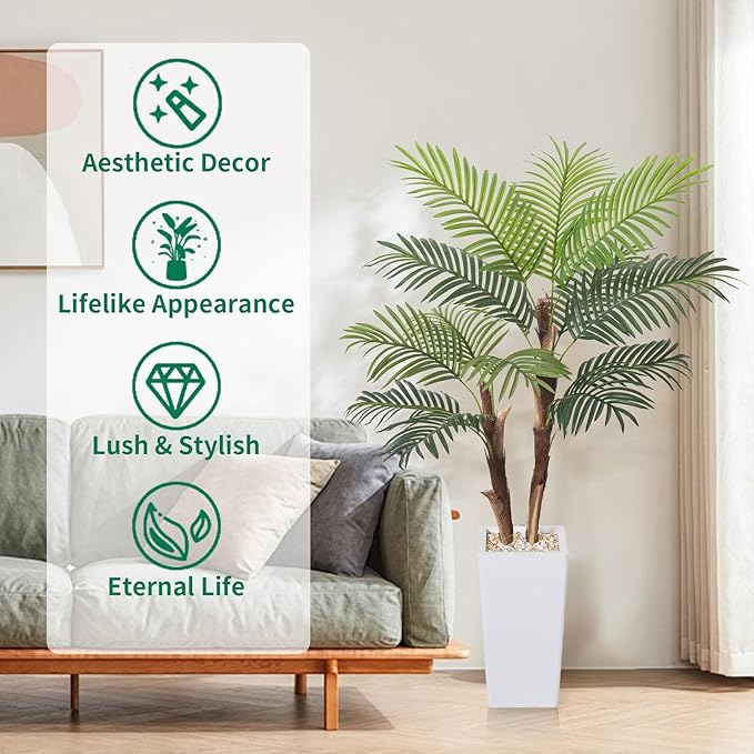 Artificial Palm Tree 5FT, Fake Tree with Realistic Fiber Trunks and White Tall Planter, Faux Tropical Areca Floor Plant in Pot, Artificial Silk Plant for Home Decor Office Living Room Decor
