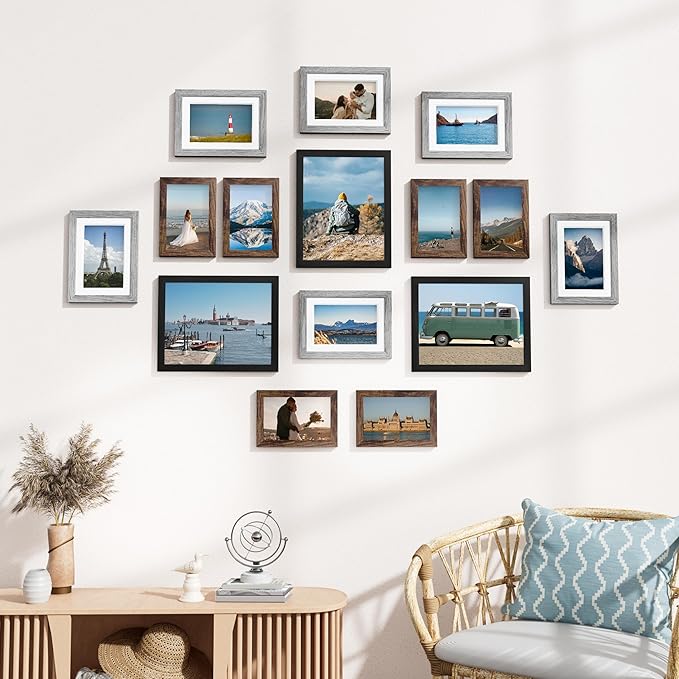 Vittanly 15 Pack Picture Frames Collage Wall Decor for Mounting or Tabletop Display, Gallery Frame Set for Family, Multi Sizes Including 3pcs 8x10, 6pcs 5x7, 6pcs 4x6, Black, Brown and Grey