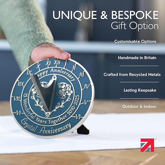 Anniversary Sundial Gift for 15th Crystal Wedding Anniversary in 2025 - Recycled Metal Home Decor Or Garden Present Idea - Handmade in UK for Him, Her Parents Or Couples 15 Year Celebration