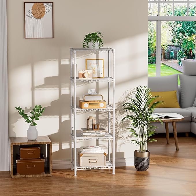 Small 5 tire Shelves Storage Wire Shelving Unit Metal Shelf Adjustable Organizers Storage Shelving for Bathroom Laundry Room Kitchen Pantry10”D x 16”W x 55”H White