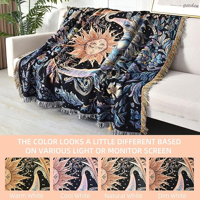 Boho Throw Blanket Reversible Cotton Bohemian Tapestry Hippie Room Decor Outdoor Blanket Double Sided (Boho Sun Black 50"x60")