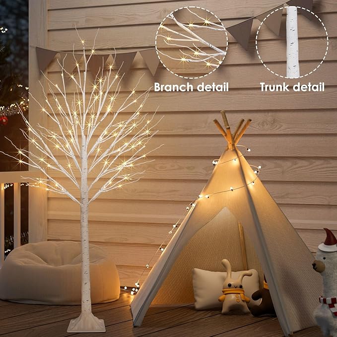 2 Pack 5FT 200LED Christmas Lighted Birch Tree, Timer Function Prelit Artificial Tree Lamp Plug in with Warm White Lights, 2 Modes Twinkling Twig Trees for Indoor Outdoor Party Christmas Decorations