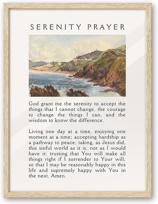 Large 16x20in OAK Wood Framed Wall Art, Serenity Prayer Bible Verse Christian Canvas Wall Decor, Blue Modern Jesus Wall Prints for Bedroom, Living Room, Bathroom, Religious Gift, 1 Pack