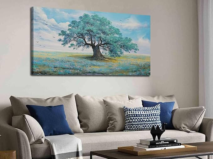 Ardemy Landscape Wall Art Canvas for Living Room Green Teal Tree Scenery Painting Bedroom Nature Picture Artwork Framed Bathroom Dining Room Kitchen Home Office Wall Decor, Large 40"x20"