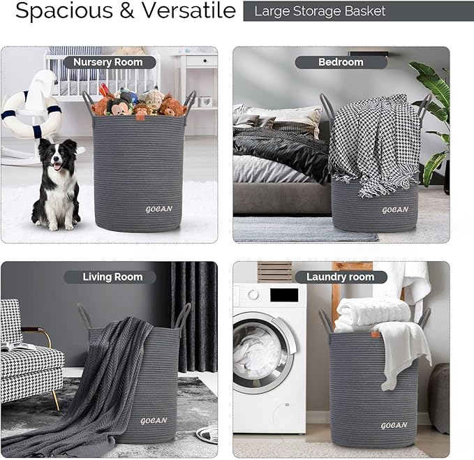 large tall sturdier Laundry Hamper Basket Woven Storage Baskets for clothes Pillows Blanket Toy in living or bed room decoration H50XD38cm darkgrey