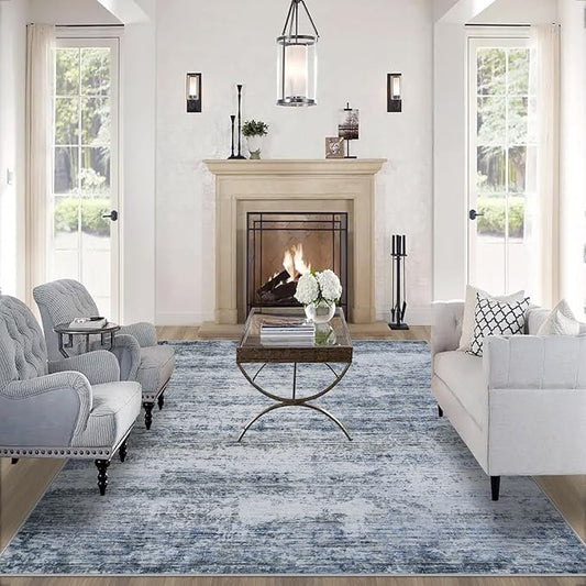 Area Rugs 9x12 Living Room: Large Machine Washable Area Rug with Non Slip Backing Non Shedding Abstract Stain Resistant Carpet for Bedroom Dining Room Nursery Home Office - Blue/Gray