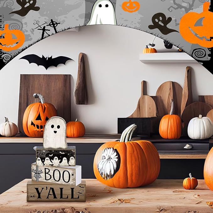 4 Pcs Halloween Table Decoration Wooden Ghost Tiered Tray Decoration Rustic Wood Ghost Block Signs Gift Halloween Centerpiece Farmhouse for Home Tabletop Kitchen Shelf