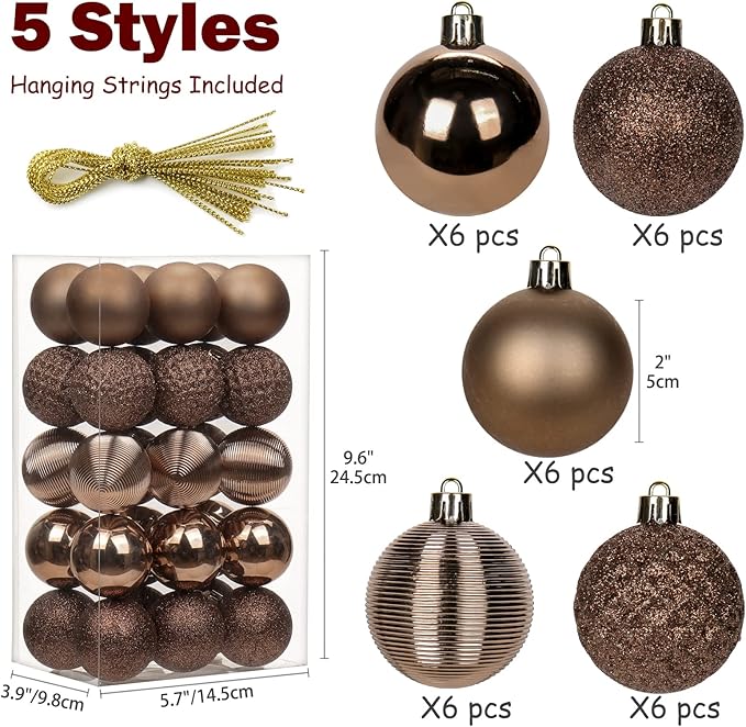 30PCS 2" Christmas Ball Ornaments Shatterproof Brown Christmas Tree Decorations Xmas Tree Balls Halloween Ornaments Décor